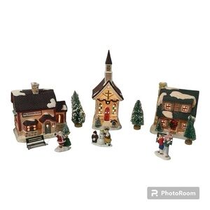 Vintage Christmas Lighted church store and house town set holiday decor